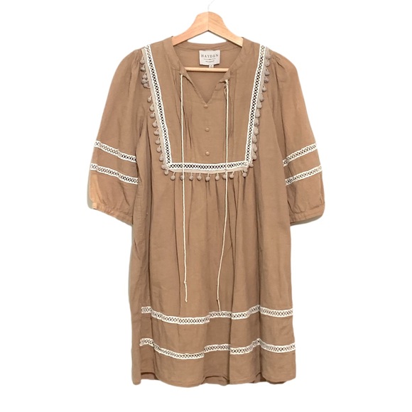 Hayden Tan Gauzy Boho Peasant Dress Size Small Babydoll Neutral Color - Picture 2 of 13